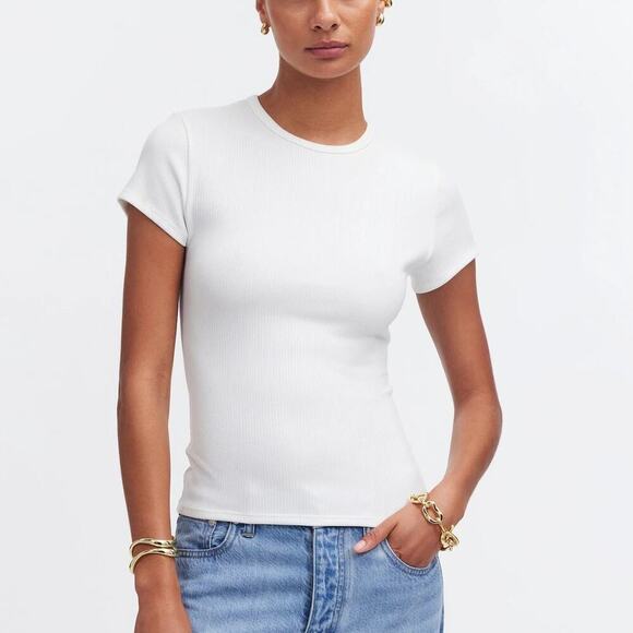 Madewell Drapey Rib Tee Short Sleeve Crewneck Top Eyelet White NWT Small - Picture 1 of 10